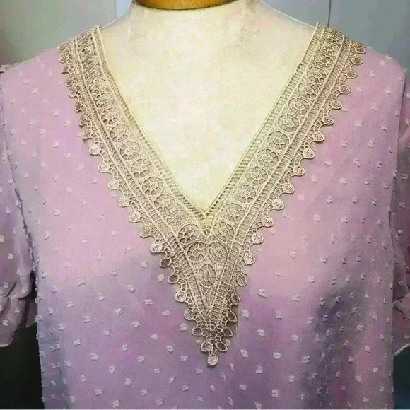 Womens Pink Lace V Neck Puff Short Sleeve Top Swiss Dot chiffon size Large NWT - Picture 4 of 10